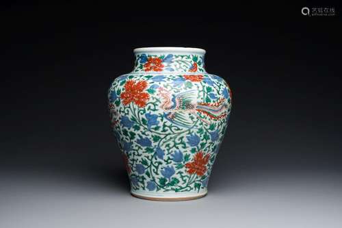 A Chinese wucai 'phoenix and peony scrolls' vase, Transition...