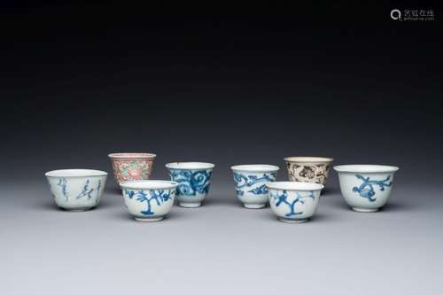 Eight Chinese mostly blue and white wine and tea cups, Ming