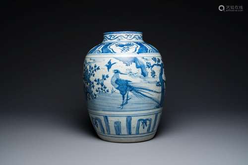 A large Chinese blue and white 'pheasant' jar, Ming