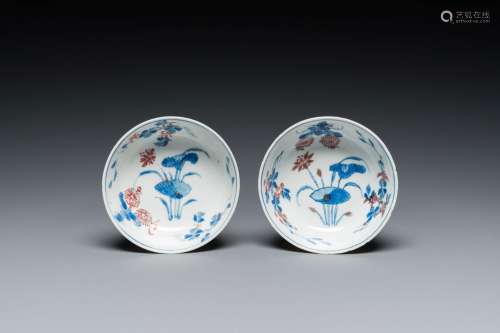 A pair of Chinese blue, white and copper-red semi-eggshell b...