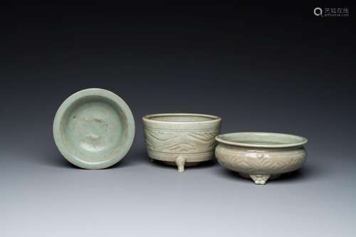 A Chinese Longquan celadon 'twin fish' dish and two censers,...