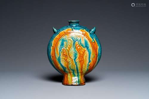 A Chinese fahua 'moonflask' with applied lotus design, Ming