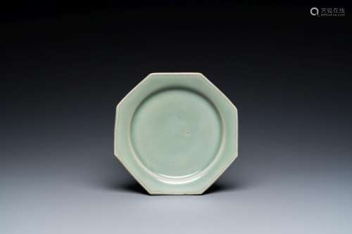 A Chinese octagonal Longquan celadon plate, probably Ming