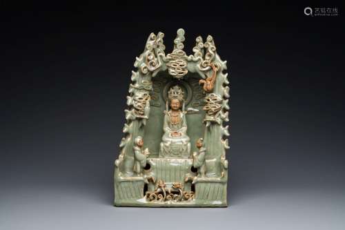 A Chinese Longquan celadon shrine of Guanyin, probably Ming