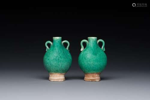 A pair of Chinese green-glazed miniature vases, Ming