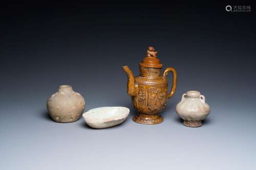 A Chinese qingbai-glazed ear cup, two celadon jarlets and a ...