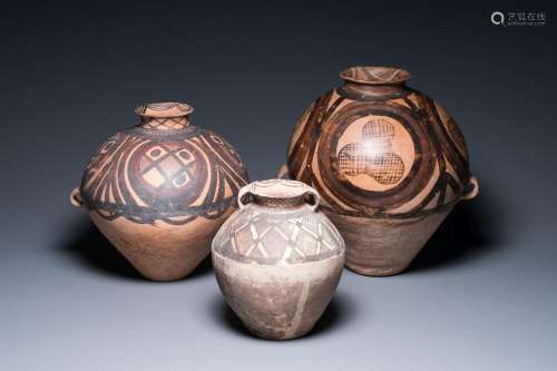 Three Chinese painted pottery jars, Majiayao Yangshao cultur...