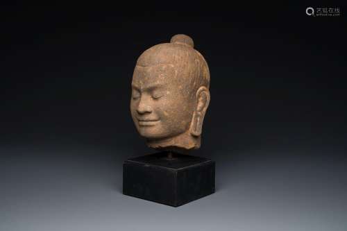 A Khmer stone head of Jayavarman VII in Bayon-style, Cambodi...