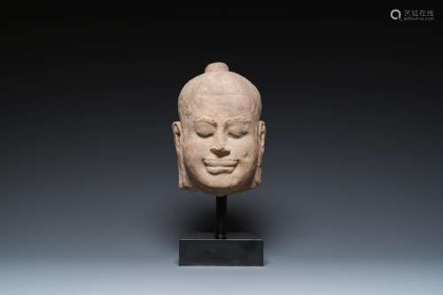 A Khmer stone head of Jayavarman VII in Bayon-style, Cambodi...