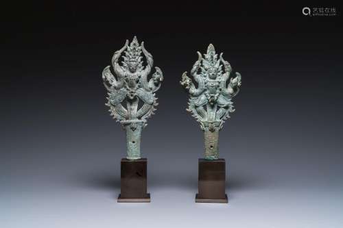 A pair of Khmer bronze ornaments showing dancing Apsaras in ...
