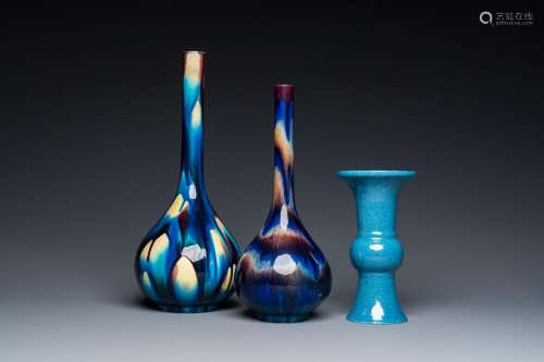 Two Japanese flambé-glazed Awaji bottle vases and a Chinese ...