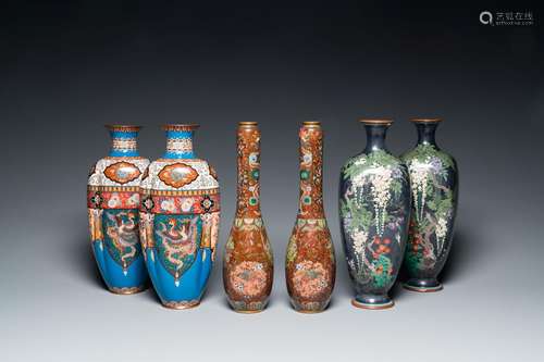 Three pairs of Japanese cloisonné vases, Meiji, 19/20th C.