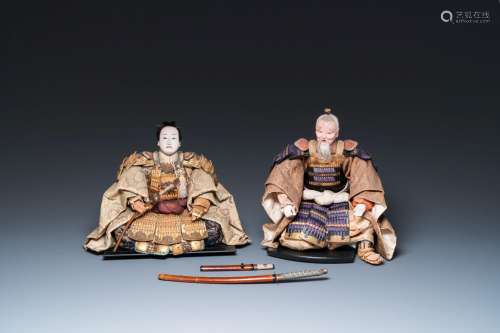 Two Japanese Gofun samurai dolls, Edo/Meiji, 19th C.