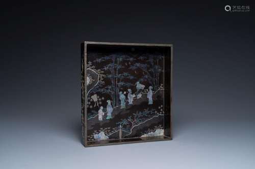 A square Chinese mother-of-pearl-inlaid black lacquer tray, ...