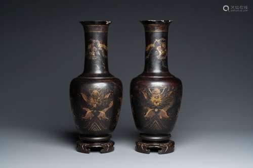A pair of Chinese Fuzhou or Foochow lacquer 'dragon' vases, ...