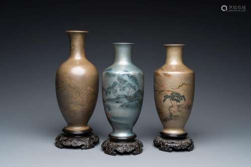 Three Chinese Fuzhou or Foochow lacquer 'landscape' vases on...
