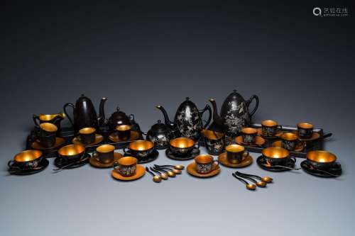 Two Chinese black Fuzhou or Foochow lacquer coffee services ...