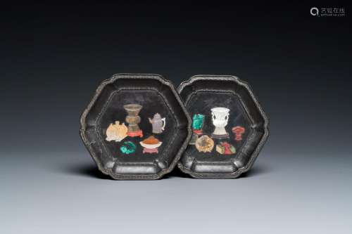 A pair of Chinese precious-stone-embellished lacquer dishes,...