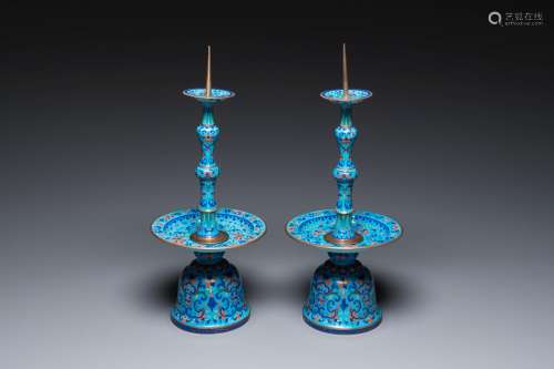 A pair of Chinese light-blue-ground Canton enamel candlestic...