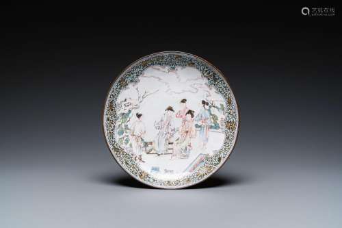A Chinese Canton enamel 'flute players' dish with ruby edge ...