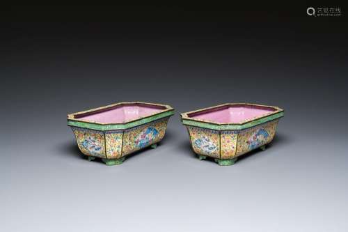 A pair of Chinese yellow-ground Canton enamel jardinières, J...