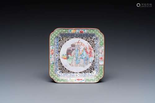 A Chinese Canton enamel square saucer dish with a scholar dr...