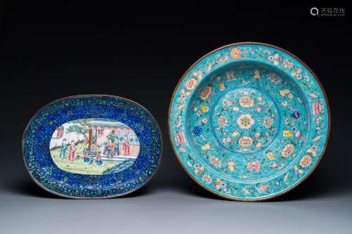 A Chinese Canton enamel turquoise-ground basin and a blue-gr...