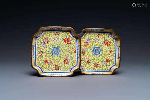 A pair of Chinese Canton enamel yellow-ground dishes, Qianlo...