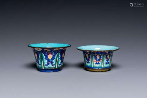 Two Chinese Canton enamel blue-ground bowls, Qianlong/Jiaqin...