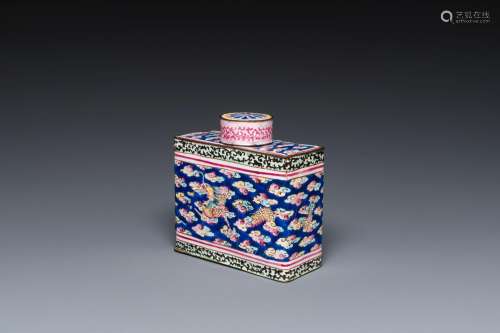A Chinese rectangular Canton enamel tea caddy and cover, Qia...