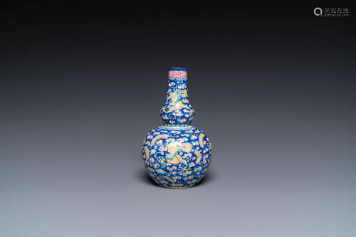 A Chinese blue-ground Canton enamel double gourd 'dragons' v...
