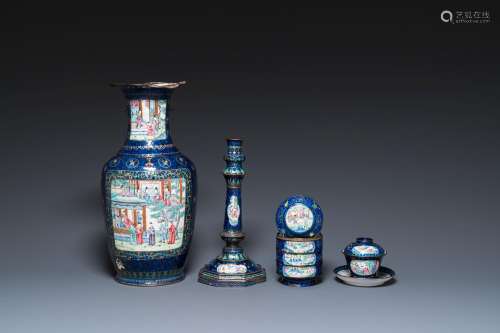 Four Chinese blue-ground Canton enamel wares, Qianlong/Jiaqi...