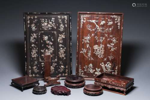 Six Chinese wooden stands and three trays with inlay of moth...
