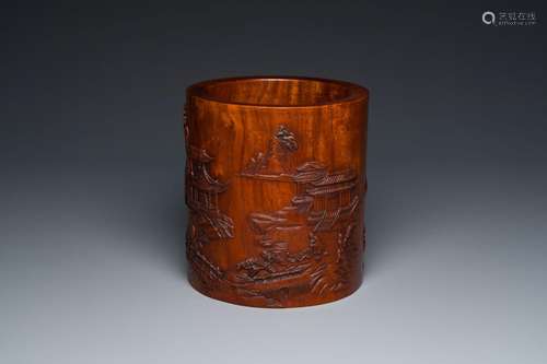 A large Chinese huali wood brush pot with scholars in a land...