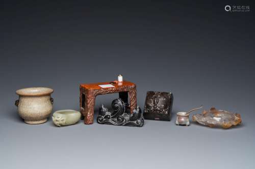 Seven Chinese scholar's objects in porcelain and hardstone, ...