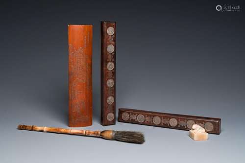 Five Chinese scholar's objects in bamboo, bone, inlaid wood ...