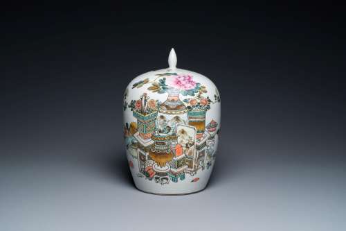 A Chinese qianjiang cai 'antiquities' jar and cover, signed ...