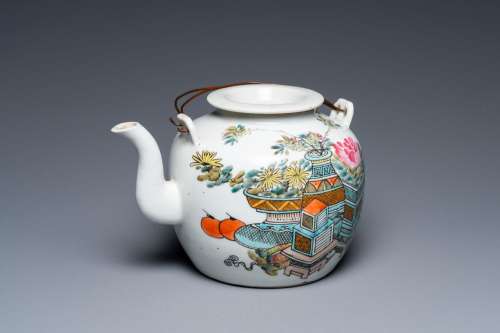 A Chinese qianjiang cai 'antiquities' teapot and cover, sign...