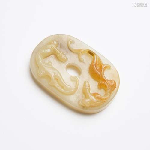 A White and Russet Jade 'Chilong' Bi-Shaped Pendant, Ming Dy...