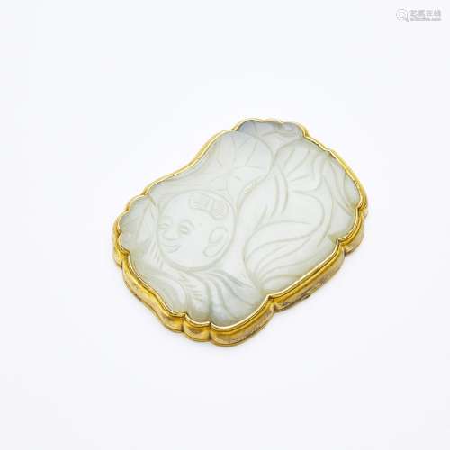 A Gilt Bronze-Mounted White Jade 'Boy and Lotus' Plaque, Qin...