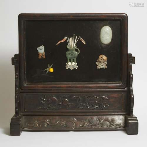 A Large Jade-Inlaid Black Lacquer Screen, Qing Dynasty, 19th...