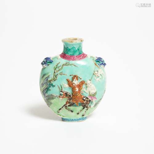 A Moulded Porcelain 'Zhong Kui' Snuff Bottle, Jiaqing Period...