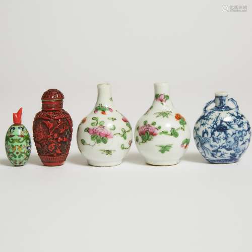 A Group of Five Porcelain and Miscellaneous Snuff Bottles, 1...
