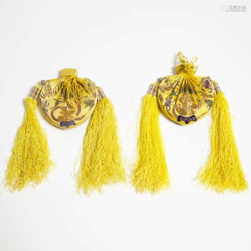 A Pair of Imperial Gold-Thread Embroidered Yellow Silk Perfu...