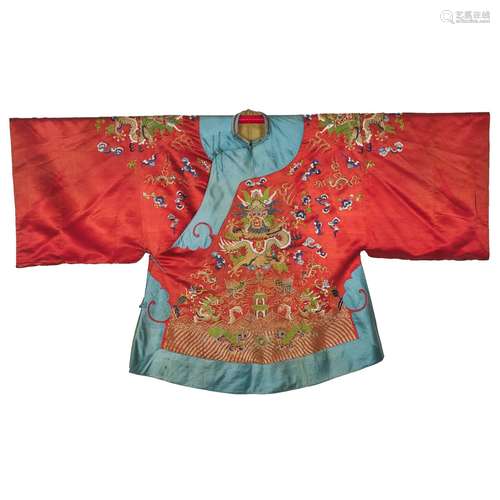 A Red-Ground Gold-Thread Embroidered Lady's Dragon Robe, 19t...