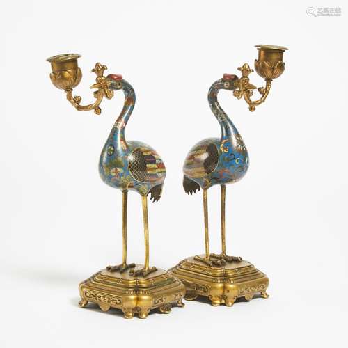 A Pair of Cloisonné Enamel Crane-Form Pricket Sticks, Qing D...