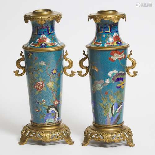 A Pair of Ormolu-Mounted Chinese Cloisonné Enamel Sleeve Vas...