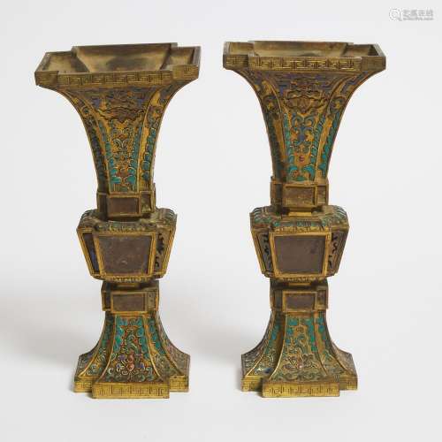 A Pair of Inlaid Bronze Square-Form Gu Vases, Qing Dynasty, ...