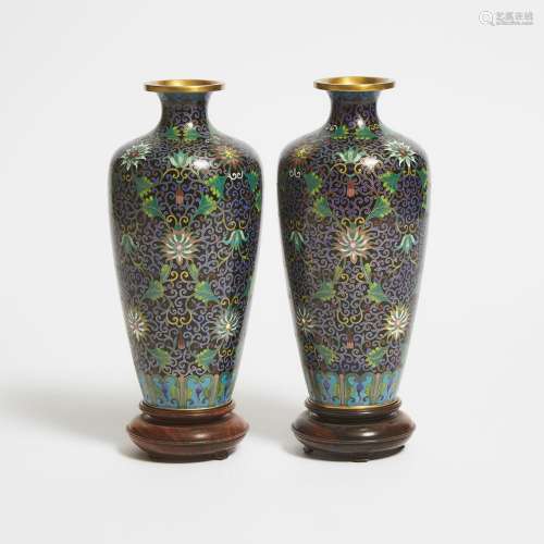 A Pair of Cloisonné Enamel 'Lotus' Vases, Lao Tian Li Mark, ...