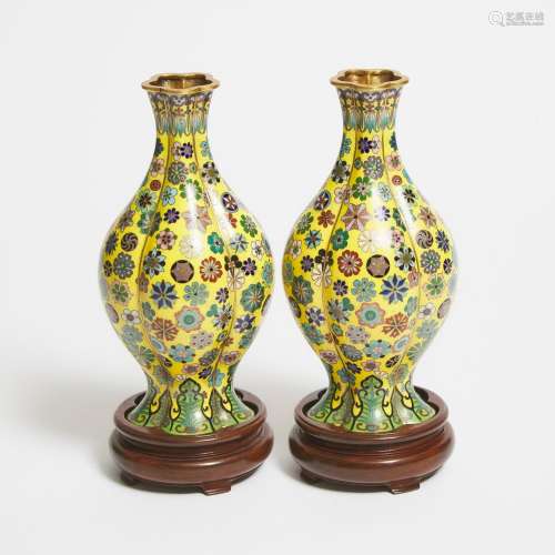 A Pair of Yellow-Ground Cloisonné Enamel Lobed Vases, 19th C...